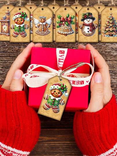 10 Stücke Weihnachts-Holzgeschenkanhänger mit Lebkuchen-, Weihnachtsmann-, Baum- und Schneemann-Motiven, Geschenkdekoration, Partyfavors-Anhänger für Weihnachtsgeschenke, Weihnachtsgeschenkverpackung