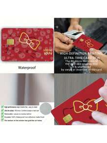 1/4 pièces Autocollants de carte de crédit avec nœud rouge, Autocollants Hello chat adhésifs, Autocollants de passe de bus Hello chat minimalistes et mignons, Autocollants de carte de débit