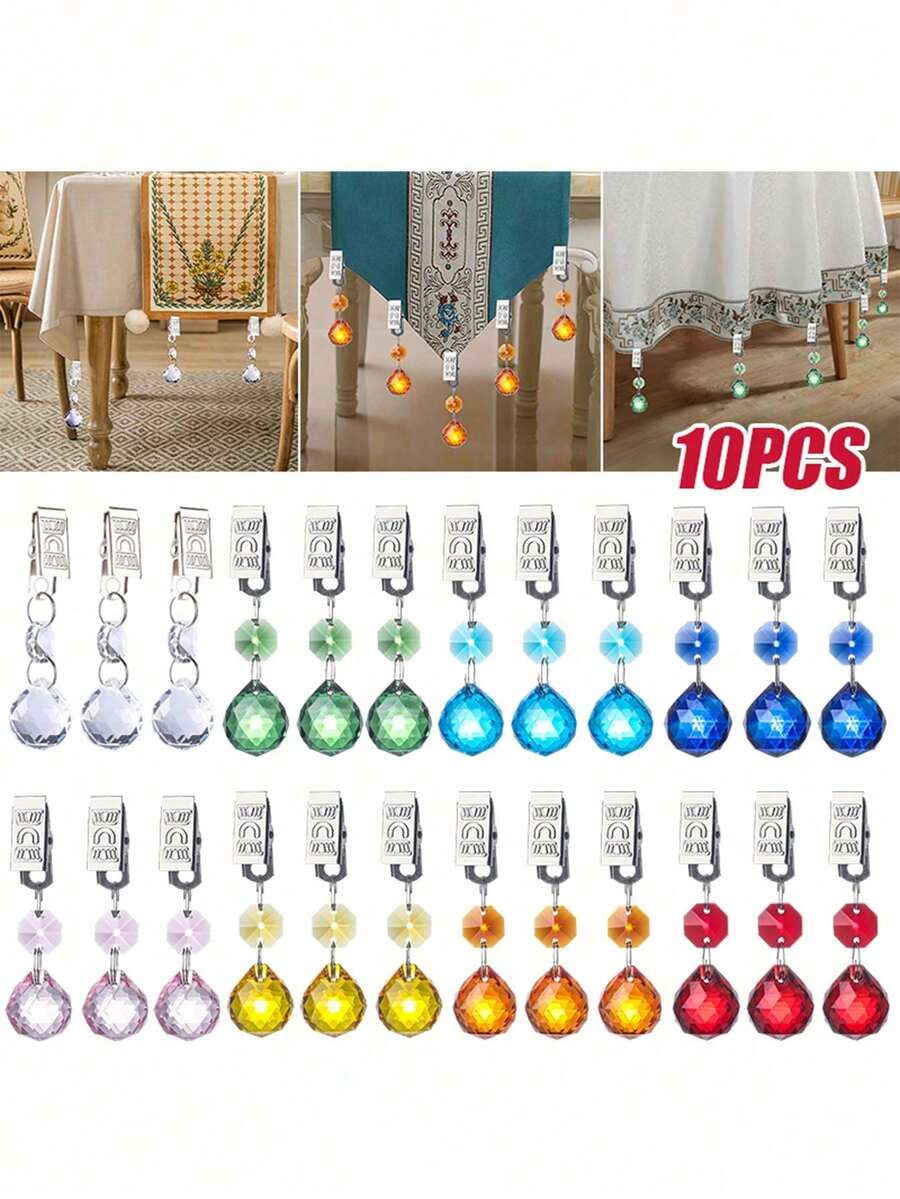 10Pcs Artificial Crystal Tablecloth Clips Metal Clips Tablecloth DecorTablecloth Sun Catcher Fixed Clips Weighted Clips For Living Room Coffee Shop Restaurant Hotel Wedding Party Outdoor Tablecloth Decoration Sun Catcher Hanging Decoration