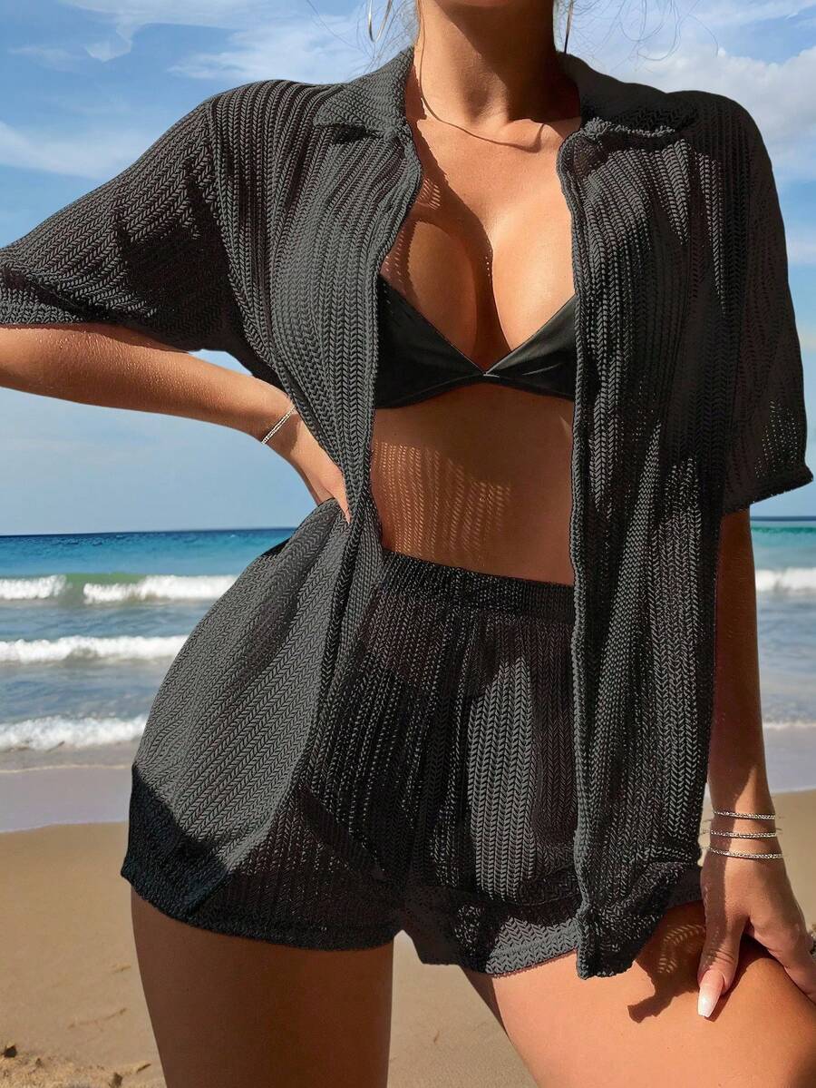 Conjunto De 2 Piezas Con Blusa Y Pantalones Cortos Para Mujer - Negro - Ver 1