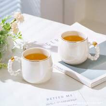 2/1pc 270ml Elegant Ceramic Coffee Mug, Pearl White Cup With Gold Rim Cappuccino Cup, Minimalist Handle Design, Popular Ins Style, Office & Home Milk Cup, Living Room Tea Cup, High-End Mug, Couple Gift, Microwave - Multicolor - View 15