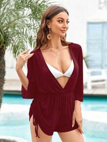 Womens Swimsuit Cover Ups Summer Beach Bathing Suit Sexy Sheer One Piece Bikini Romper Outfit - Burgundy - View 2