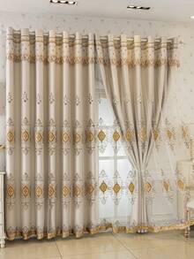 1 pieza Cortina de panel de lujo beige exquisita con bordado 3D, con ojales en la parte superior, protección blackout y aislamiento térmico grueso, adecuada para sala de estar, dormitorio, oficina, decoración del hogar