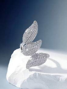 1 件铜合金锆石镶嵌枫叶设计戒指，优雅戒指，适合女性日常佩戴 - 銀色 - 查看 4