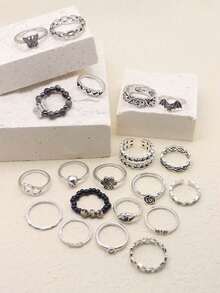 20pcs/Set Vintage Bat, Butterfly, Skull, Flower, Heart Chain Natural Stone Handmade Beaded Knuckle Rings Set, Women Party Gift - Antique Silver - View 2