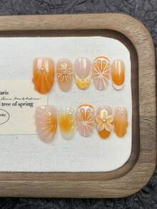 10pcs Handmade Nails Oval Nails Press On Nails Short, Elegant Orange Nails, French Tip Nails, Ombre Gradient Hand-Painted Lemon Orange Floral 3D Carved Embossed Flower, Faux Pearl Inlaid, Mermaid Teardrop Beach Essentials, Premium Universally Flattering Nail Tips, Edgy Elegant Luxury Handcrafted Autumn Nails, Sweet Aesthetic Nails,