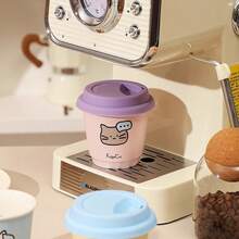 1 pieza Taza de cerámica para café, té o agua, con tapa de silicona antipolvo, hecha a mano con diseño de dibujos animados, resistente a altas temperaturas, de colores brillantes, agarre cómodo, boca ancha, borde redondo, base antideslizante, adecuada para decoración de encaje, para uso doméstico u oficina, apta para uso personal o como regalo