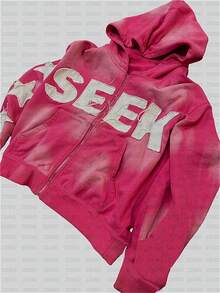 Unisex Retro Y2K Letter Patch Embroidered Zip-Up Hoodie Sweatpants Set Couple High-Street Stylish Versatile Streetwear - 粉紅色運動衫 - 查看 1