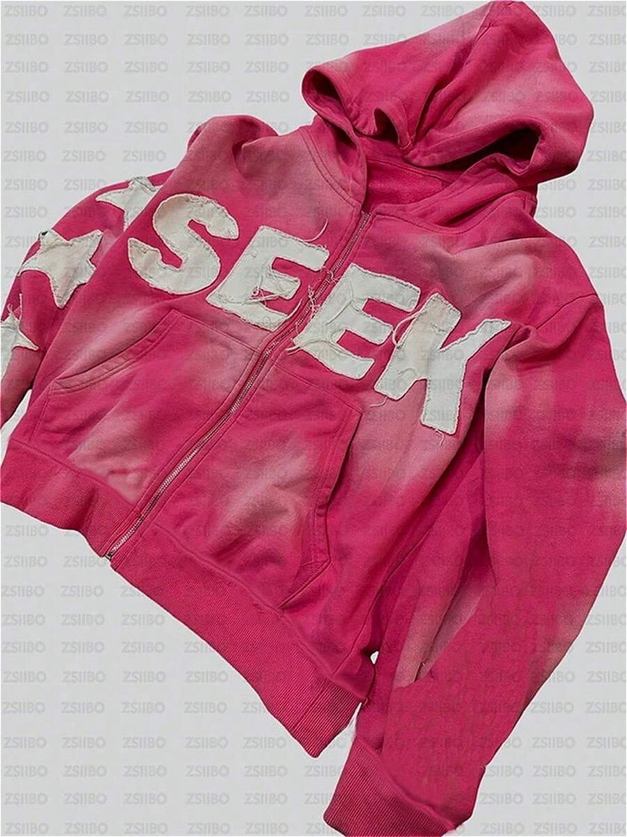 Unisex Retro Y2K Letter Patch Embroidered Zip-Up Hoodie Sweatpants Set Couple High-Street Stylish Versatile Streetwear - 粉紅色運動衫 - 查看 1