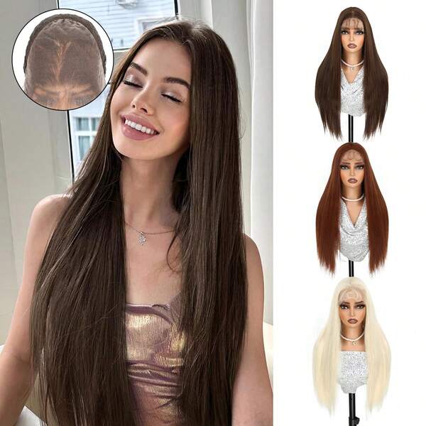 Free Part 13*6 Lace Front Wigs 28 Inches Black Brown Blonde Dark BrownStraight Hair With Natural Curls At The End Hair Glueless Lace Wigs Silky Synthetic Long Silk Straight Natural Wig Heat Resistant Fiber Wig With Baby Hair For Women,Pre-Plucked With Adjustable Straps For Daily Wear Christmas Halloween