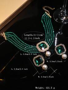 1pc Premium Geometric Square Fuchsia, Green, White, Black Crystal Beaded Necklace And 1 Pair Geometric Square Fuchsia, Green, White, Black Crystal Earrings, 2pcs Jewelry Set, Suitable For Evening Gown And Everyday Wear