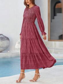Women Leopard Long Sleeve Maxi Dress Flounces High Waist Smocked Tiered Dress Fall Spring Wedding Guest Vacation Holiday Boho Valentine Dresses Outfits - 紅色 - 查看 4