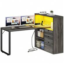 Modern 55 Inch L Shaped Desk Office Desk With 3 Drawers & Power Outlets, LED Corner Gaming Computer Table With Adjustable Shelf, For Office, Study Room - Xám - Xem 5