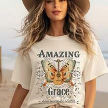 Amazing Grace How Sweet The Sound | Faith, Floral, Christian, Music, Song,100% Cotton Womens Oversized Printed Graphic T-Shirts Casual Round Neck Short Sleeve Tee 1pcs Fashion Shirt - 白色011 - 查看 2