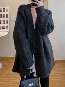 Chaqueta de punto de las mujeres chaqueta de tweed mujer otoño e invierno suelto perezoso viento delgado cardigan jumper versátil suéter de punto tops - Gris - Ver 1