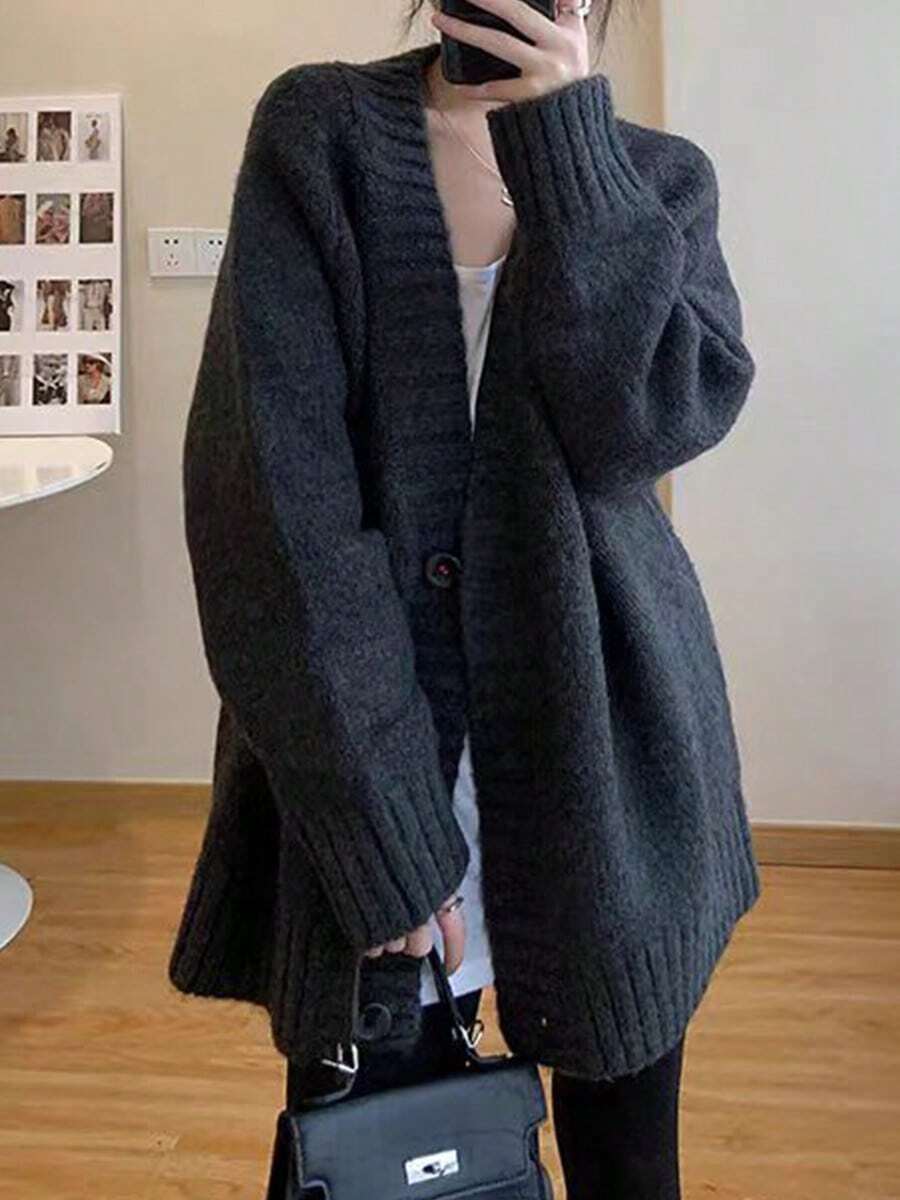 Chaqueta de punto de las mujeres chaqueta de tweed mujer otoño e invierno suelto perezoso viento delgado cardigan jumper versátil suéter de punto tops - Gris - Ver 1