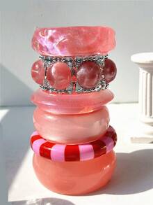 1 件优雅新款透明粉色树脂手链，条纹拼布不对称手链，迷人的女士叠戴珠宝 - 彩色 - 查看 3