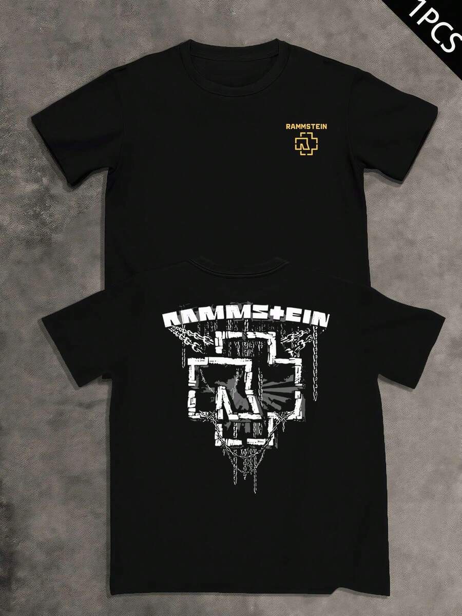 Rammstein Band Logo T-Shirt, Men's Double-Sided Print T-Shirt, Fashion Casual Crew Neck, 220g/M2 Cotton (1 Piece) - 黑色 - 查看 1