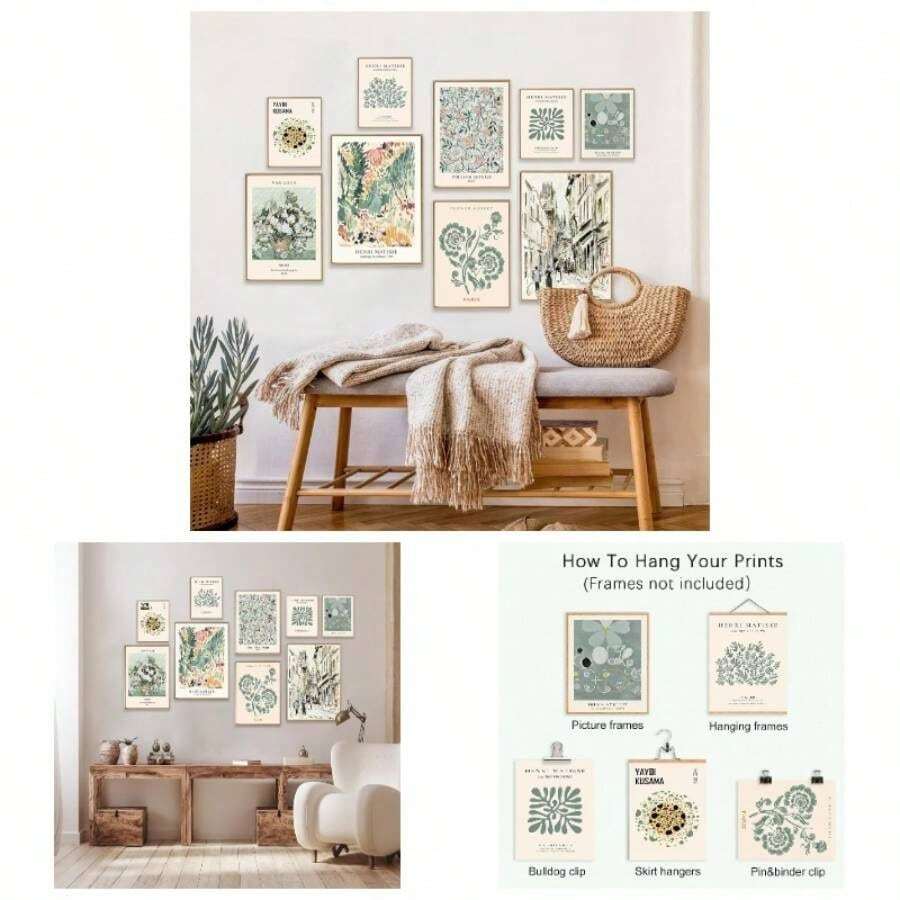 Sage Green Wall Art Prints Eclectic Decor, 9 PCS Sage Green Wall Decor Aesthetic, Green Matisse Wall Art Exhibition Poster Set, Bathroom, Hallway - Unframed