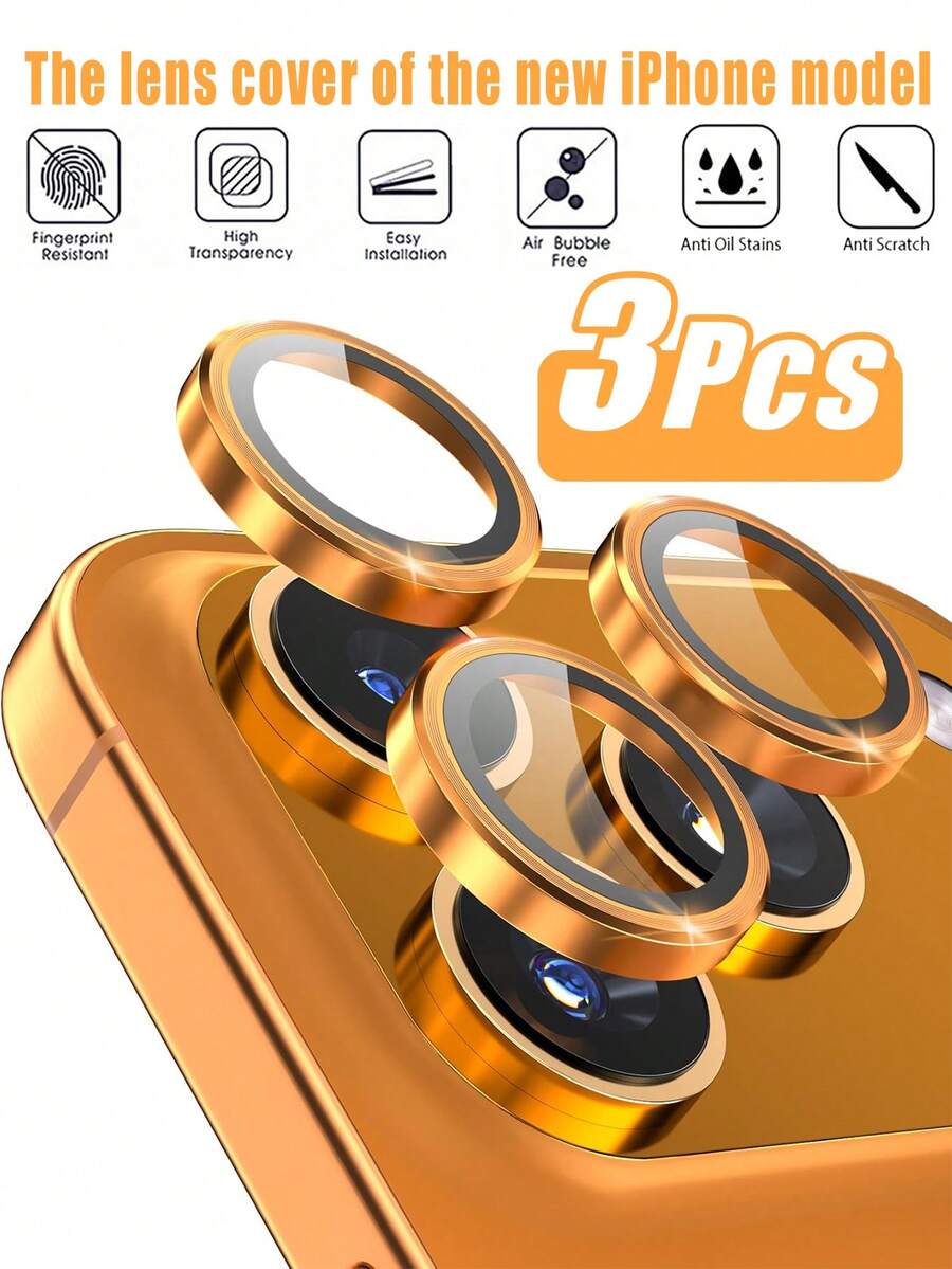 Bộ 3 miếng dán bảo vệ ống kính camera Apple, ốp bảo vệ ống kính, tương thích với iPhone 17 Pro/17 Pro Max, [Lắp đặt chỉ trong 1 giây] Kính cường lực Ultra-HD, [Tương thích với ốp lưng điện thoại] Vòng bảo vệ màn hình bằng kim loại, màu cam