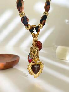 1pc Vintage Design Khaki Leopard Print Scarf, Autumn/Winter; Ceramic, Resin, Enamel & Stainless Steel Multi-Element Pendant Niche Necklace For Women - Brown - View 6