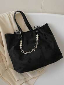 女士花卉布艺托特包，大容量通勤包，时尚百搭必备 - 黑色 - 查看 13