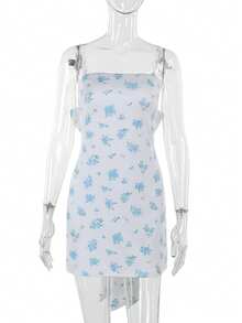 Women's Spaghetti Strap All-Over Print Minimalist Short Dress - White - View 1