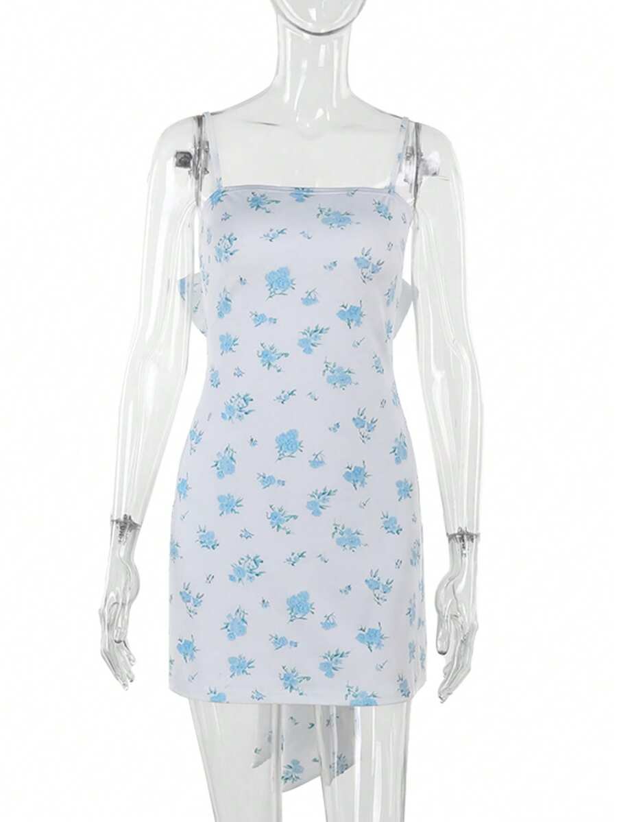 Women's Spaghetti Strap All-Over Print Minimalist Short Dress - White - View 1