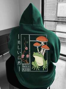 Men's Frog Graphic Thermal Lined Hoodie, Casual Street Style, Autumn/Winter, Long Sleeve Top - Green - View 3