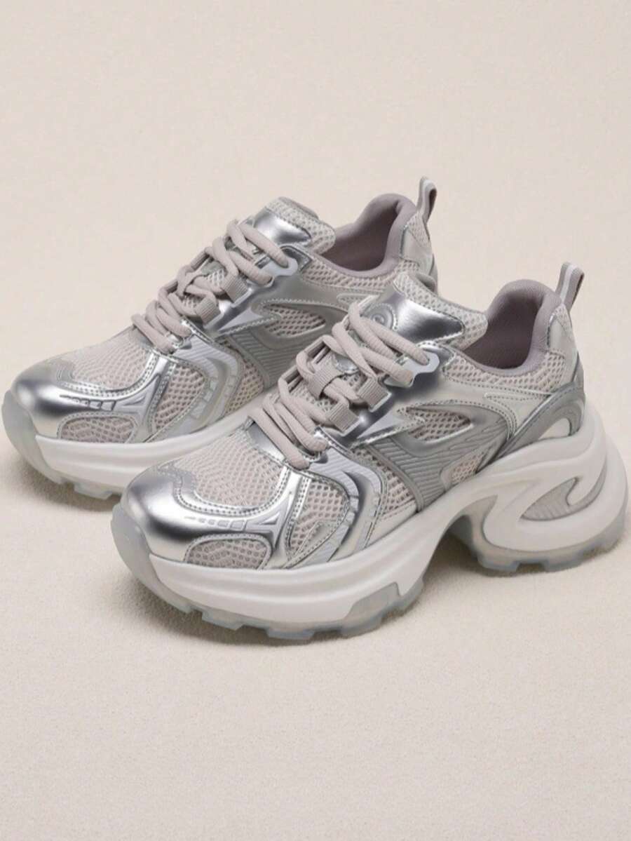 KyrLssu Women's Breathable Round-Toe Mesh Thick-Soled Cushioning Height-Increasing Casual Sneakers