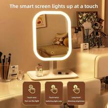 1 pieza Espejo de maquillaje LED con base giratoria y panel - Brillo ajustable, control táctil, espejo de tocador alimentado por USB con almacenamiento, caja de cosméticos portátil, regalo para mujeres - 2 colores disponibles