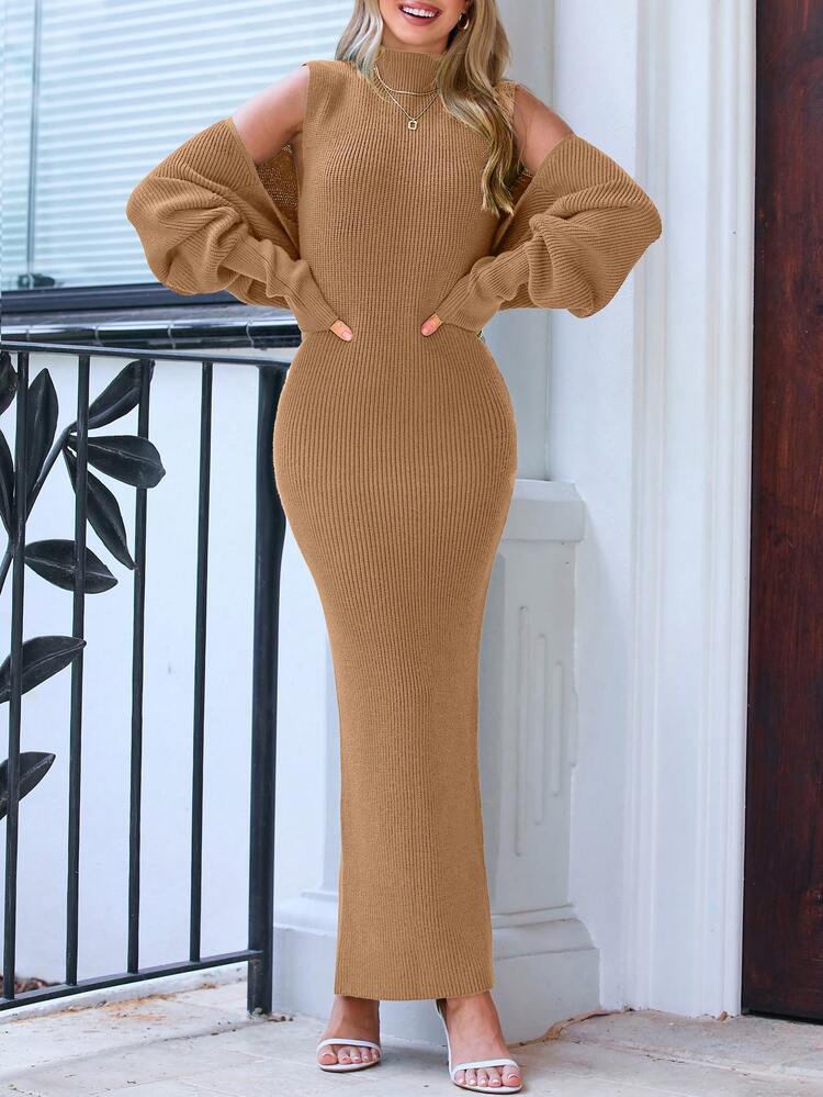Women's Fall Two Sets Bodycon Ankle-Length Vest Pullover Sweater Dress And Long Sleeve Short Cardigan Knit Suit - Màu Khaki - Xem 1