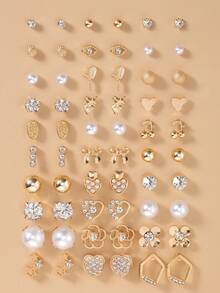 Bộ 30 bông tai đính đá hình trái tim, hoa, ngôi sao, nơ, quả anh đào, trang sức thời trang, đính đá kim loại giả ngọc trai, thích hợp cho trang phục hàng ngày, ngày lễ, thường ngày - Vàng - Xem 2