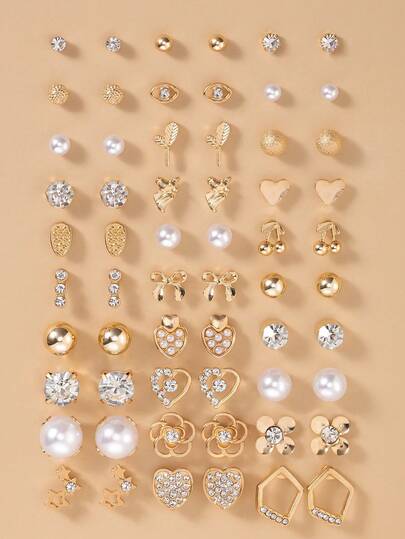 30 件/套心形、花朵、星星、蝴蝶结、樱桃耳钉时尚珠宝礼品套装，仿珍珠金属耳钉，适合日常、节日、休闲穿着