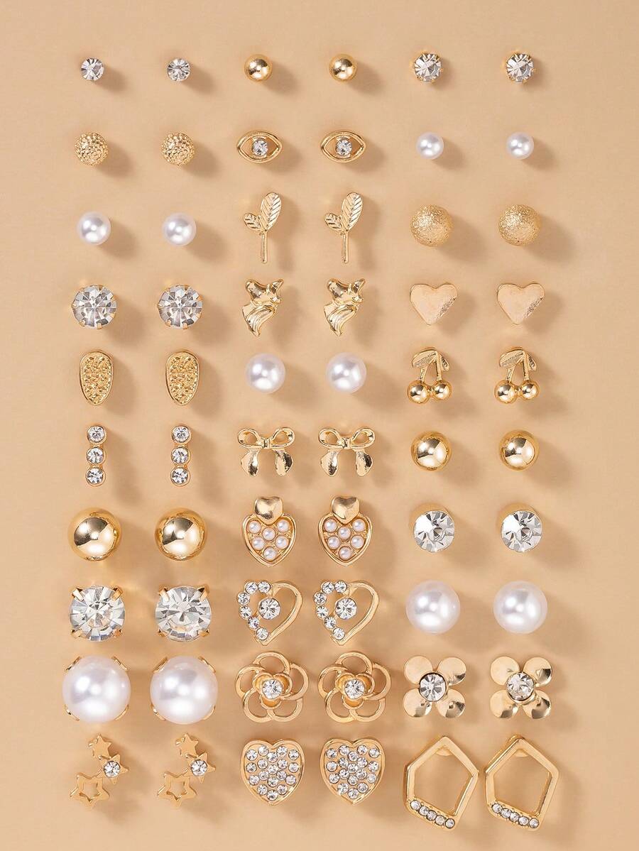 Bộ 30 bông tai đính đá hình trái tim, hoa, ngôi sao, nơ, quả anh đào, trang sức thời trang, đính đá kim loại giả ngọc trai, thích hợp cho trang phục hàng ngày, ngày lễ, thường ngày