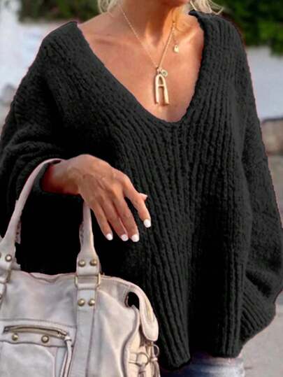 Women's Loose V-Neck Long Sleeve Pullover Solid Color Knit Sweater, Autumn/Winter