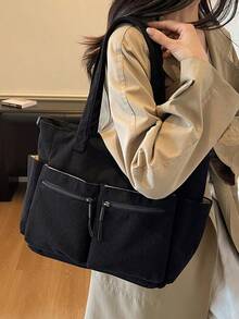 1 pieza Bolso de tela grande y versátil de estilo minimalista y de moda, con múltiples bolsillos prácticos, gran capacidad, adecuado para la escuela, la universidad, el trabajo y el uso casual, bolso de hombro para mujer - Negro - Ver 4