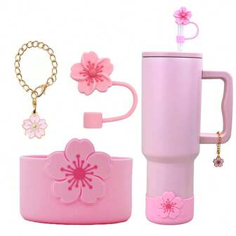 1 Set de accesorios para botellas de agua deportivas que incluye: Manga de silicona con patrón de flor de begonia 3D, Tapa de pajita con flor de begonia de 10 mm/0.39 pulgadas, Colgante con forma de flor de begonia, Diseño de dibujos animados y lindo, Antideslizante y anti-colisión, Compatible con