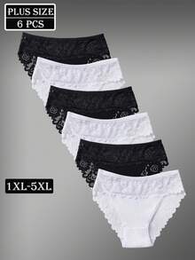 Chiloți eleganți din bumbac, culoare solidă, stil confortabil, cu dantelă, pentru femei, mărime plus, 6 buc.