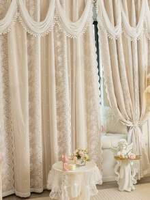 1pc European Style Double Layer Curtain, Top Layer With Embroidered Lace Decor And Attached Wave Valance, Bottom Layer Blackout Polyester Fabric, Solid Color, Suitable For Living Room And Bedroom Decor