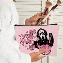 2 piezas, Bolsa de maquillaje con estampado de llamadas de la muerte rosa de Halloween y bolsa de cosméticos con cremallera y bolsa de artículos de tocador - Estilo gótico oscuro de la academia, bolsa de medicina reutilizable con tema de terror, bolsa de almacenamiento de bolígrafos, bolsa de viaje y maquillaje - Para la escuela, la decoración del hogar de verano, la bolsa de aperitivos de 9 "x 6" artículos de viaje, vacaciones, organizador de maquillaje, bolsa de viaje para mujeres