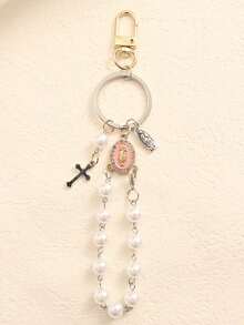 1 pezzo Portachiavi con ciondolo a croce con perle e strass della Vergine Maria, adatto per decorare borse o come regalo per insegnanti, famiglia e amici durante la stagione del ritorno a scuola, accessori per auto, stile gotico carino Y2K