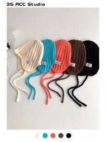 1pc French Tie-Up Knit Hat, Soft & Warm Autumn/Winter Decoration, Striped Tie-Up Ear Protection Knit Hat, Cute Solid Color Bucket Hat For Women - Multicolor - View 2