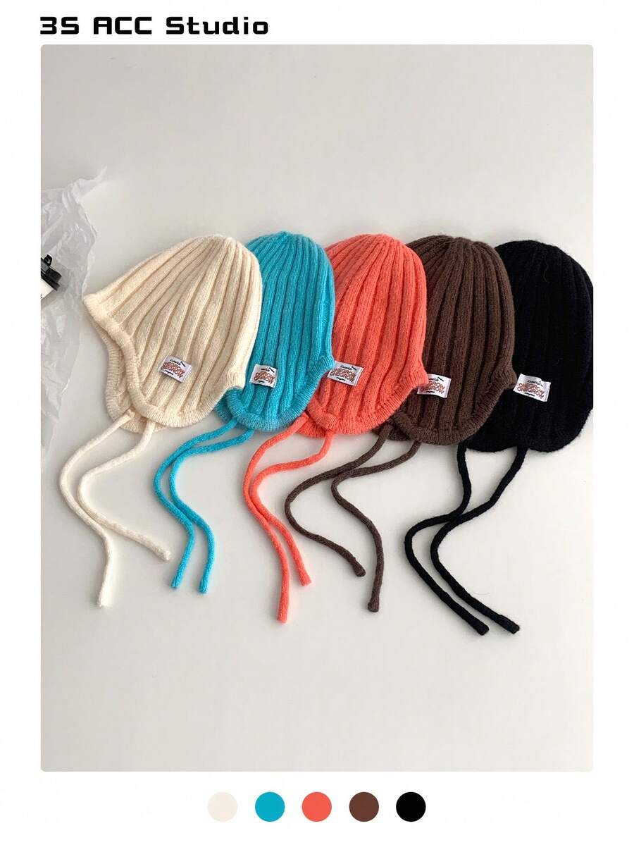 1pc French Tie-Up Knit Hat, Soft & Warm Autumn/Winter Decoration, Striped Tie-Up Ear Protection Knit Hat, Cute Solid Color Bucket Hat For Women