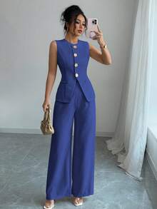 2 件套女士纯色单排扣金属纽扣圆领背心和裤子休闲宽松西装