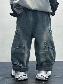 Young Boys' Loose Fit Thermal Lined Thickened Denim Jeans, Suitable For Casual, School, Outdoor Wear In Autumn/Winter