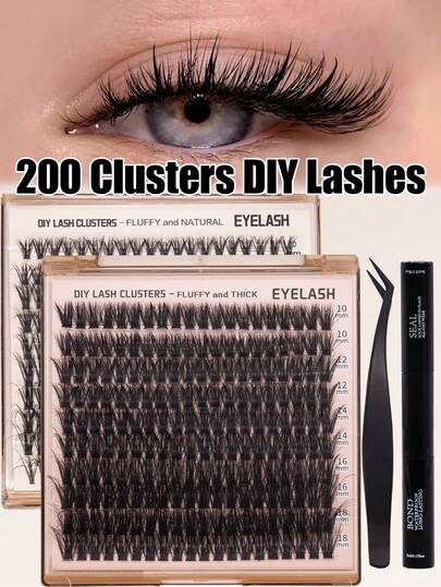 200 件独立睫毛簇 40D/200D D 卷曲 10-18 毫米 DIY 睫毛延长套件，带粘合剂和密封剂和镊子，自然浓密，可重复使用独立睫毛，适合初学者在家使用或外出时使用，适合日常生活、婚礼、约会、派对、音乐节、春节和旅行