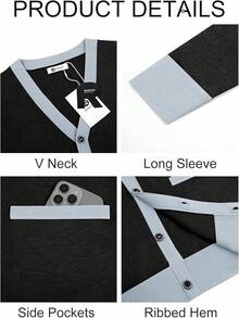Men's Long Sleeve Button Down Knitted Cardigan Sweater With Pockets, Casual Style - 黑色 - 查看 6