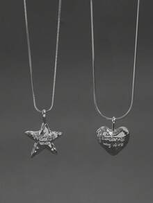 1 件时尚百搭新款心形和星星吊坠毛衣链项链，适合男女，日常佩戴、聚会、节日、礼物 - 銀色 - 查看 1