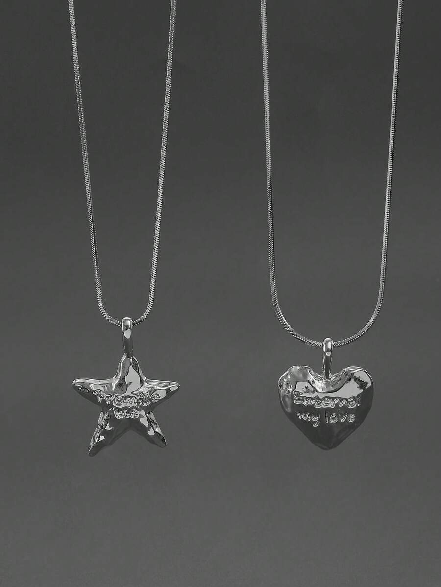 1 件时尚百搭新款心形和星星吊坠毛衣链项链，适合男女，日常佩戴、聚会、节日、礼物 - 銀色 - 查看 1